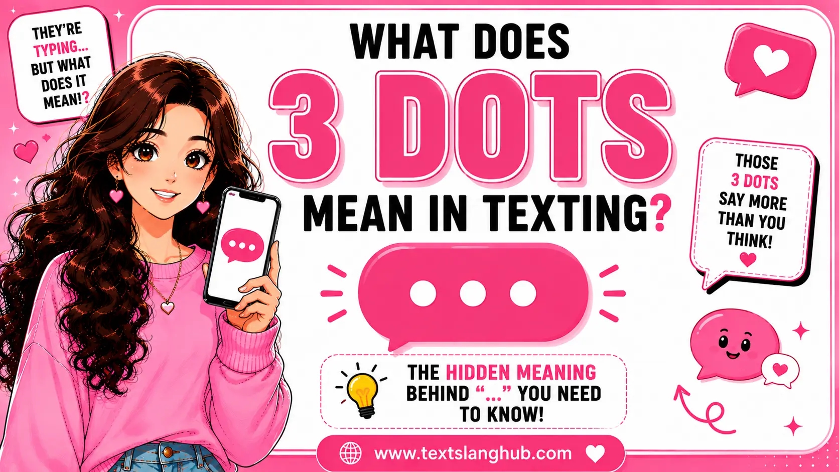 Three dots (…) in texting are called an ellipsis. They can indicate hesitation, uncertainty, suspense, an unfinished thought, awkwardness, or disappointment, depending on the context.