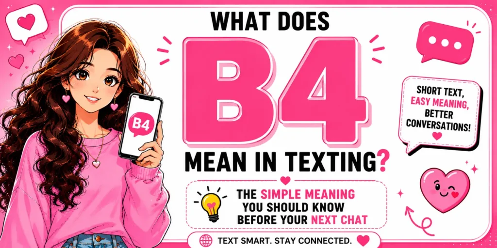 B4 means "before" in texting. It's a common abbreviation used in text messages, social media, and online chats to refer to something that happens earlier than another event or action.