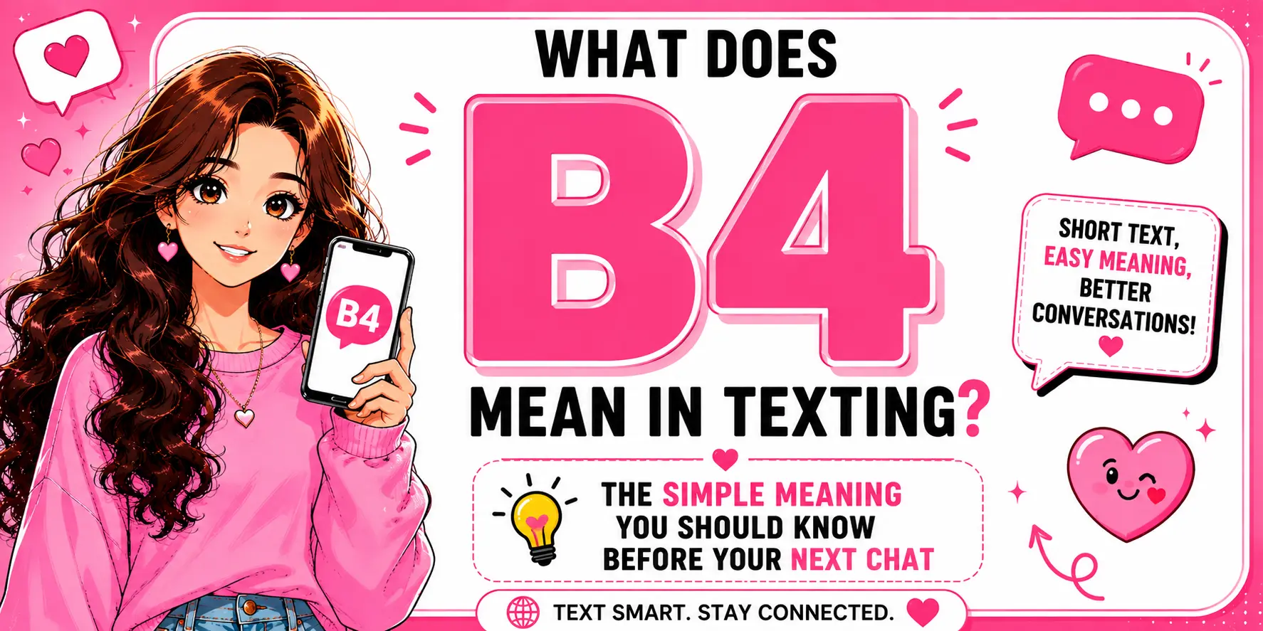 B4 means "before" in texting. It's a common abbreviation used in text messages, social media, and online chats to refer to something that happens earlier than another event or action.