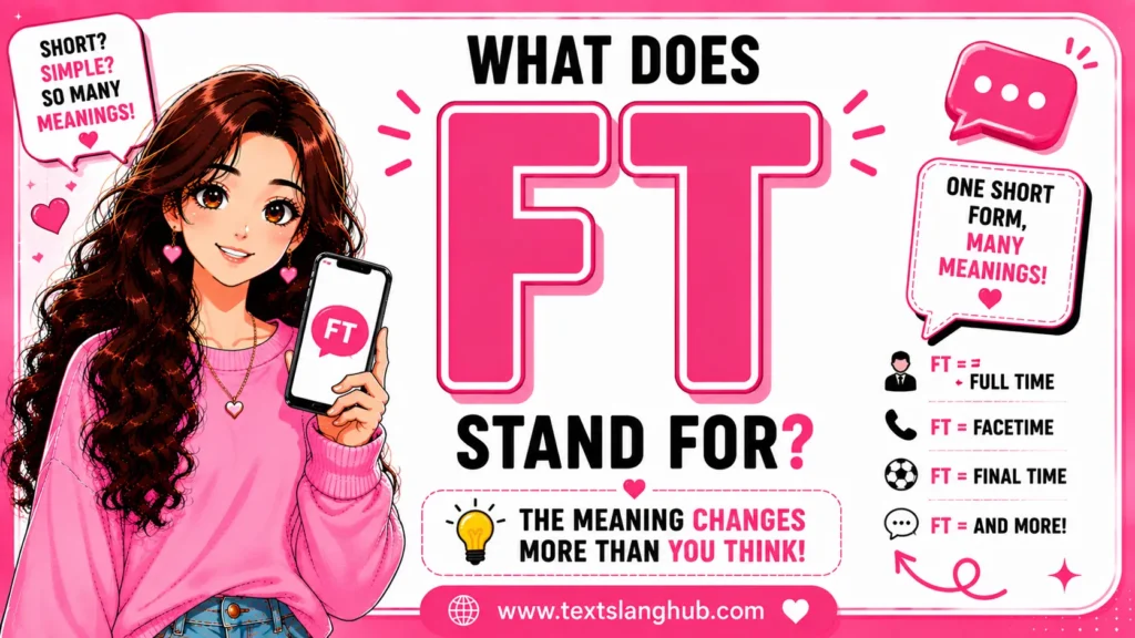 FT can mean different things depending on context. In texting, FT often means “FaceTime,” while in music it means “featuring,” and in jobs it commonly means “full-time.”