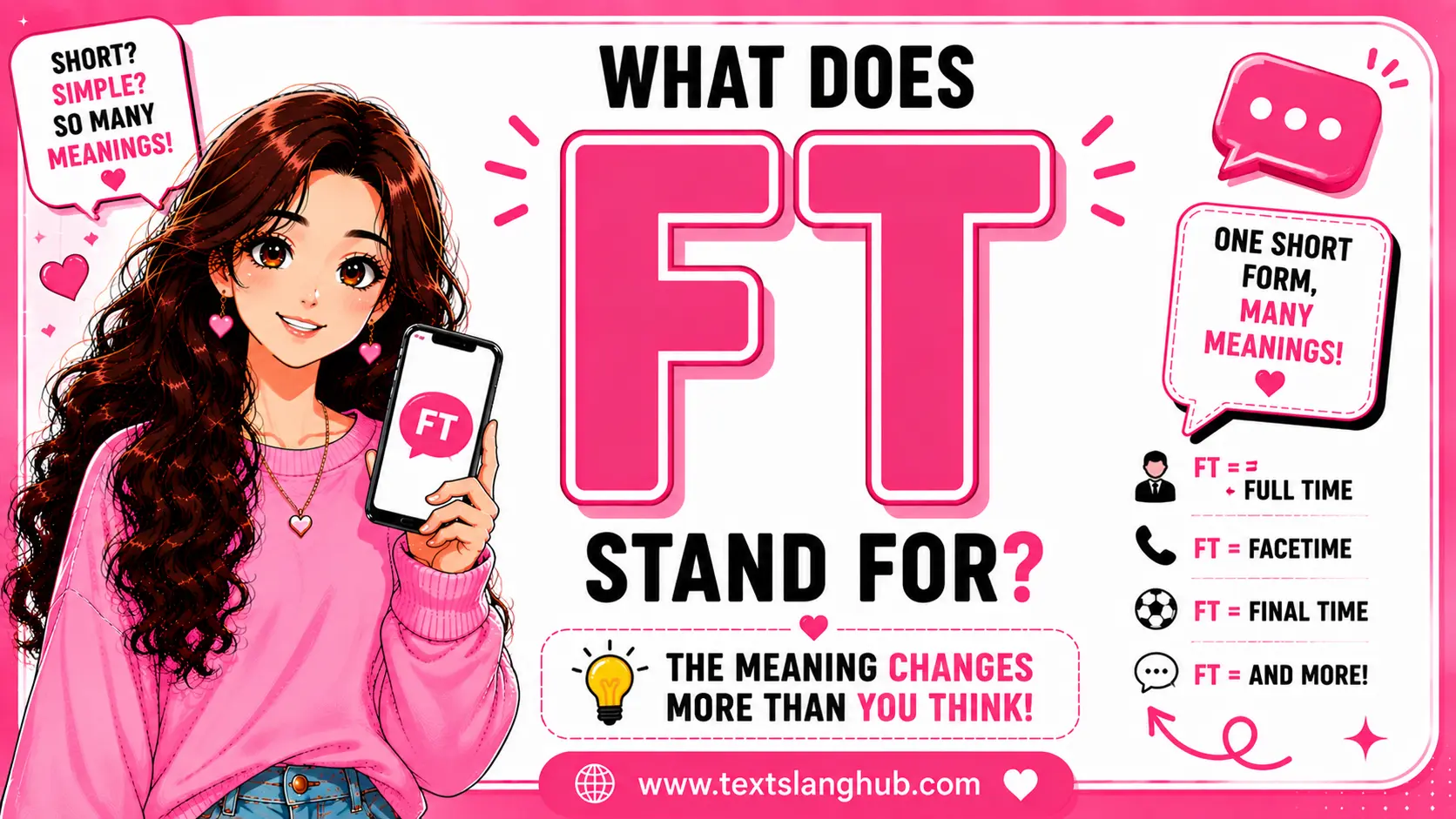 FT can mean different things depending on context. In texting, FT often means “FaceTime,” while in music it means “featuring,” and in jobs it commonly means “full-time.”