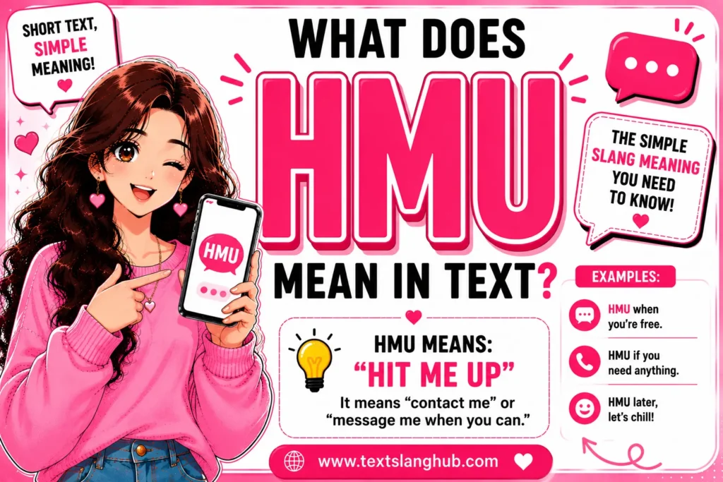 HMU means “Hit Me Up” in text messaging. It is a casual way to tell someone to contact, message, call, or reach out to you later.