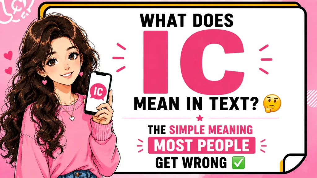 IC means "I See" in texting. It is commonly used to show that you understand or acknowledge what someone has said. You'll often see it in text messages, social media, gaming chats, and messaging apps.