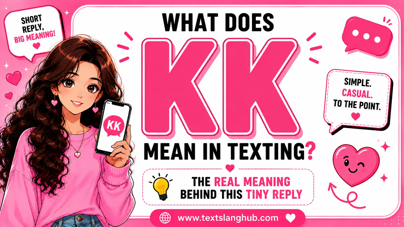 KK means “Okay” or “Okay, got it” in texting. It's a casual way to acknowledge a message, confirm information, or show agreement, although its tone can depend on context.