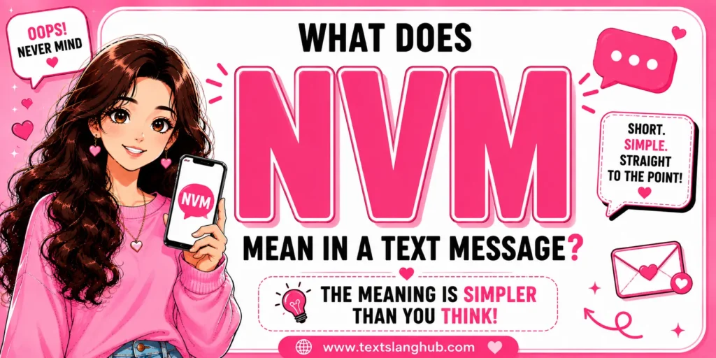 NVM means “Never Mind” in a text message. It is commonly used to dismiss a previous question or statement, say that something is no longer important, or tell someone that you solved the issue yourself.