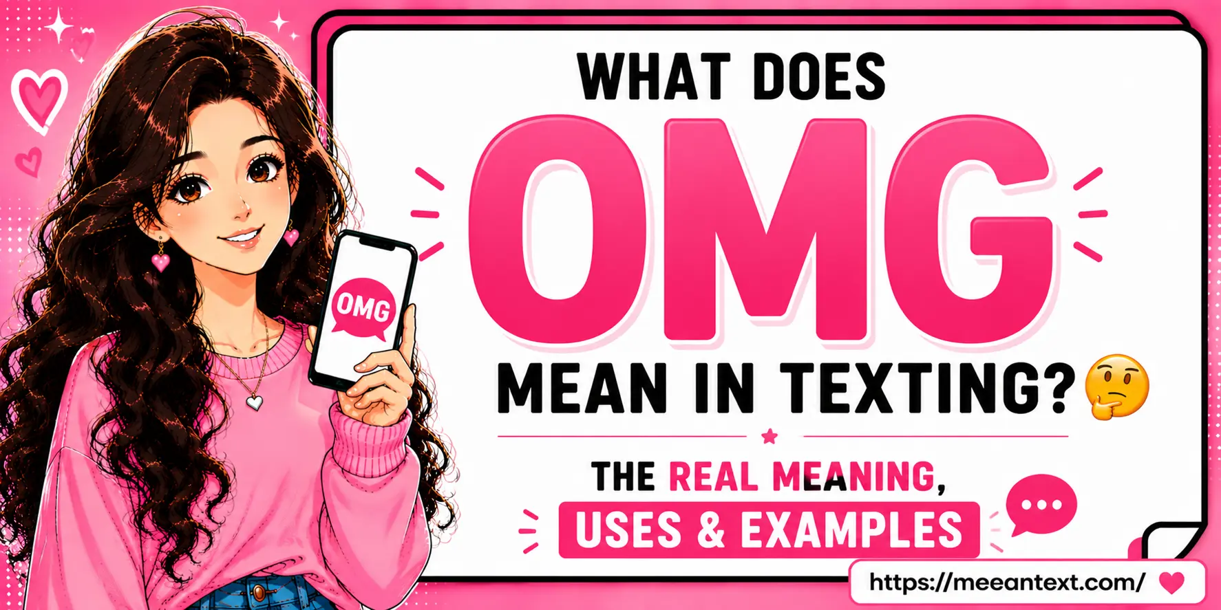 OMG means “Oh My God.” In texting, it is commonly used to express surprise, shock, excitement, disbelief, admiration, or another strong emotional reaction.