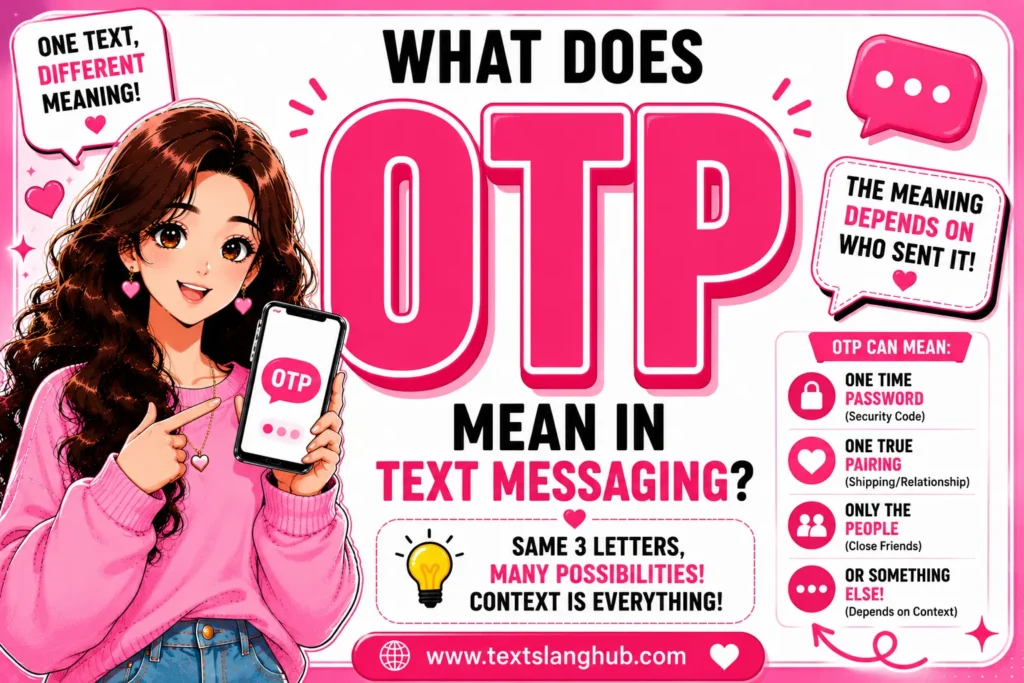 OTP can mean “On The Phone” or “One True Pairing” in texting and social media. In banking and security messages, OTP usually means “One-Time Password.”