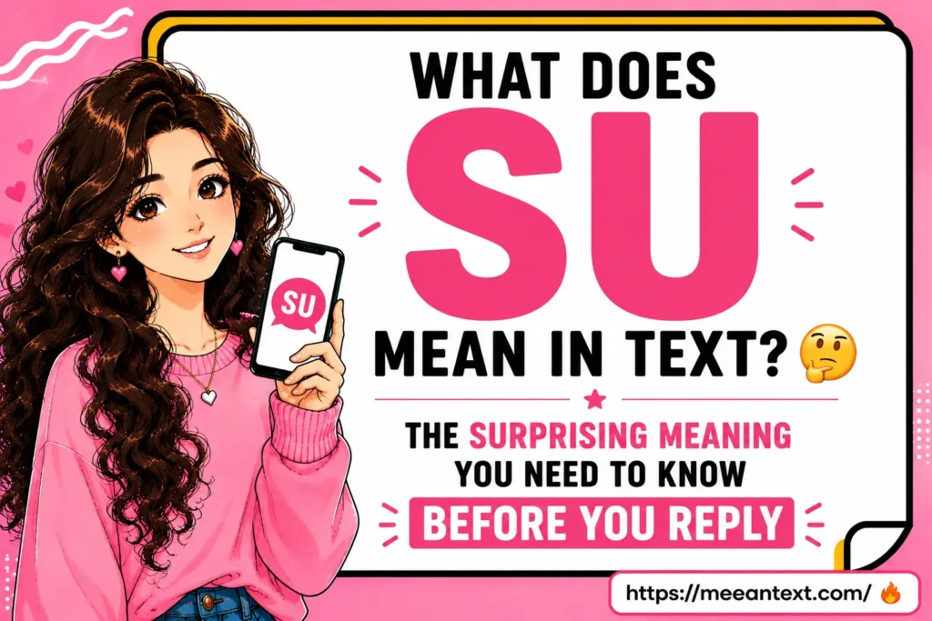 SU usually means "Shut Up" in texting, but it's often used playfully to express surprise or excitement rather than as an insult. Depending on the context, SU can also mean "Swipe Up," "Stand Up," or "Speak Up."